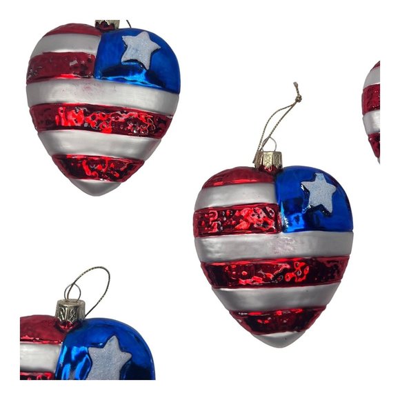 Vintage 5 Blown Glass American Flag Single Star Heart Ornaments READ DESCRIPTION - Picture 7 of 12